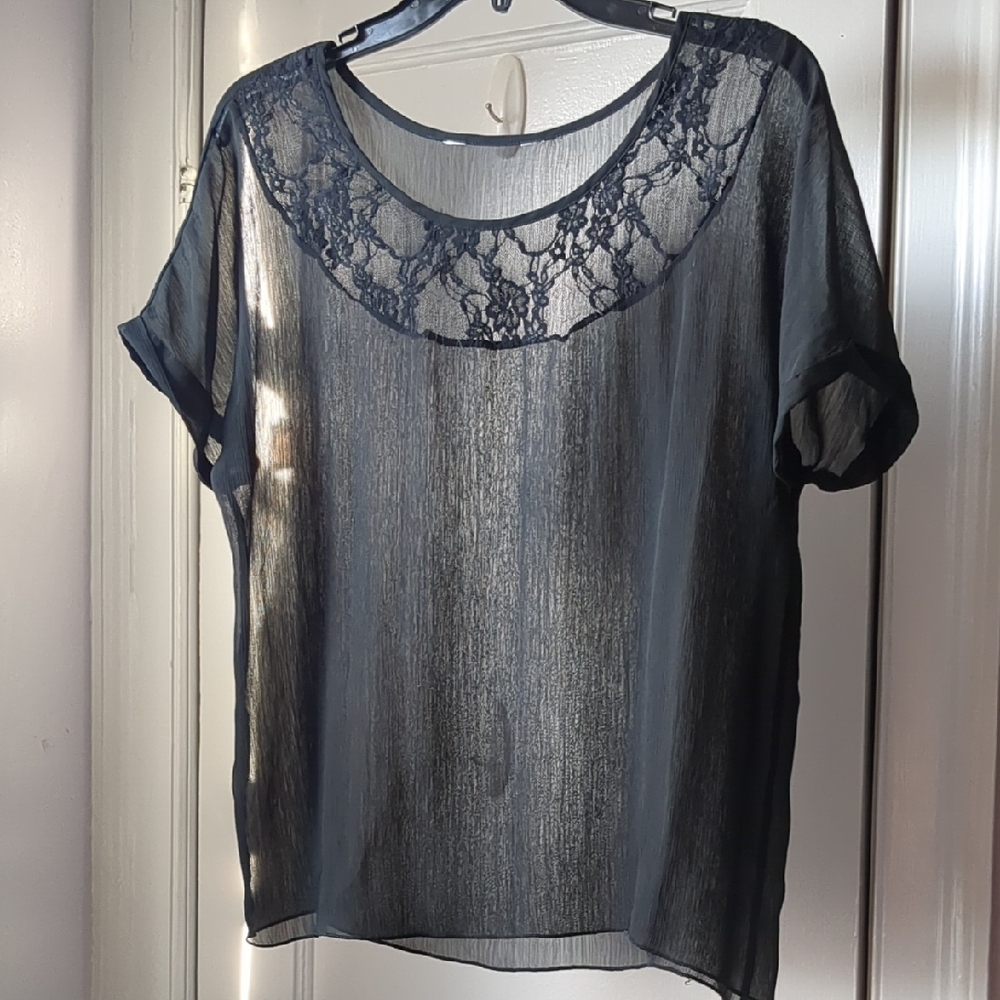 Gray Sheer Blouse with Cuffed Short Sleeves
